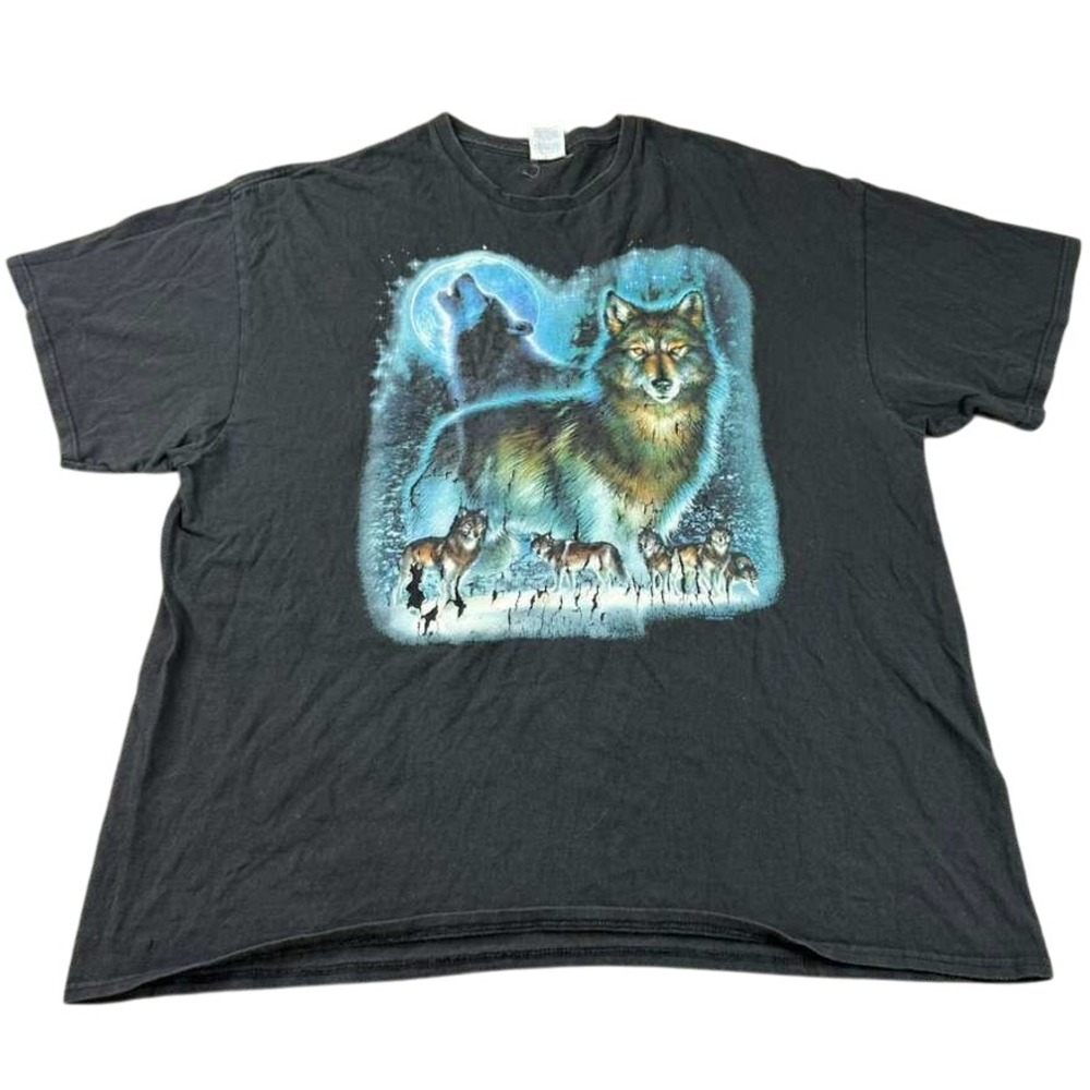 Y2K Delta T Shirt Men 2XL Wolf Pack Howling Moon Graphic‎ Black Cotton Nature